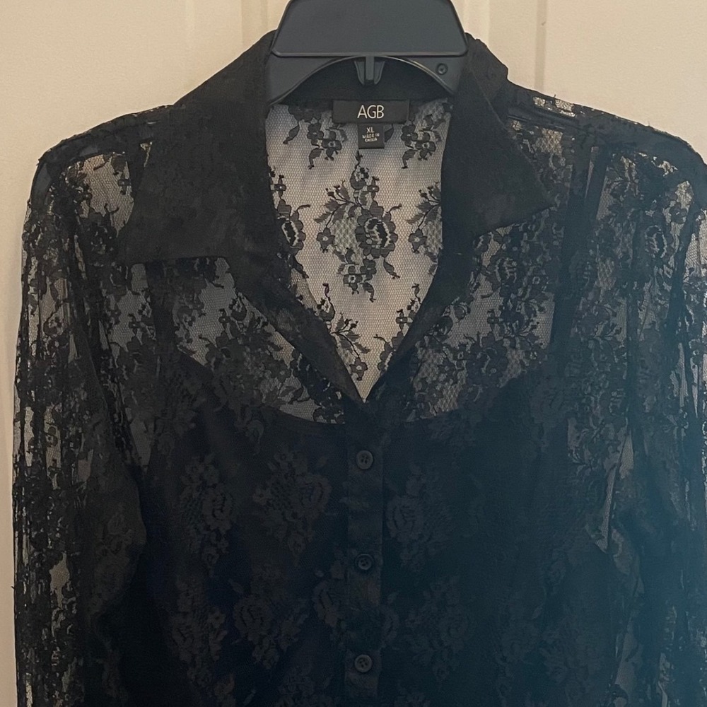 AGB Black Floral Sheer Lace Button Down Blouse with Camisole XL Witchy Gothic